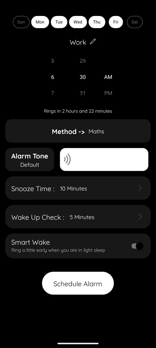 Editing an alarm: time, days, tone, snooze and Smart Wake