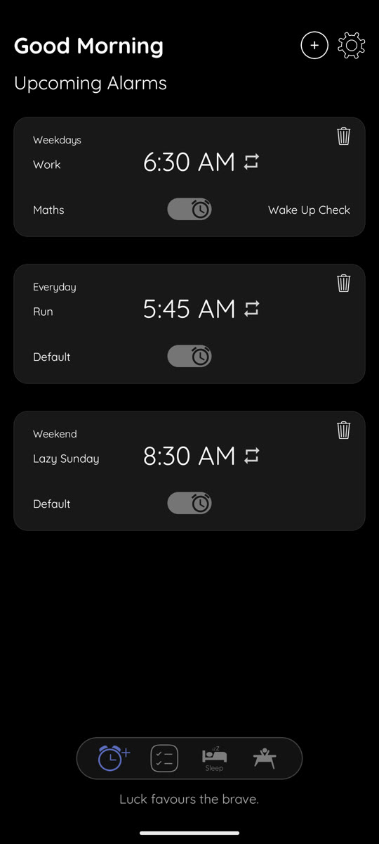 Good Morning's alarm list on an Android phone