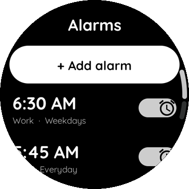 Alarm list on a Wear OS watch